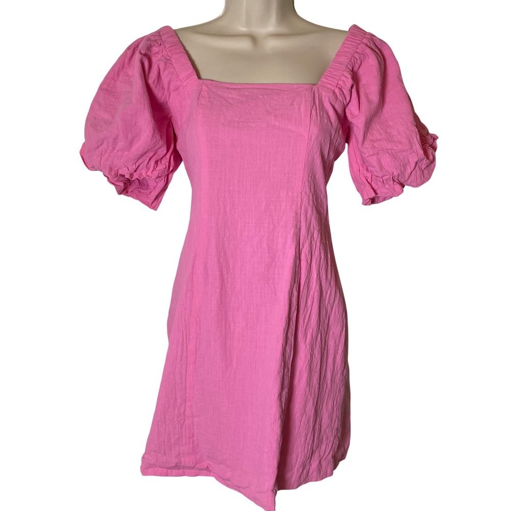 SNDYS x Revolve Tuscany Linen Dress Small Mini Pink Puff Sleeves Cotton